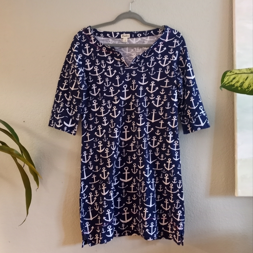 Hatley Cotton Nautical Anchor Print Coastal Beachy Loose Fit Shift Dress